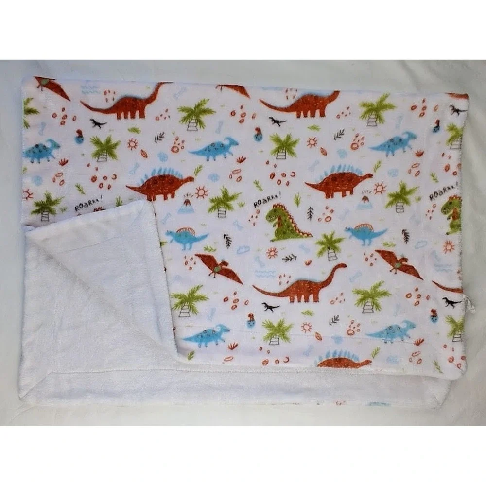 Thro Plush Dinosaur Baby Blanket White Back 30x40 Dalton Dino Lovey Palm Tree